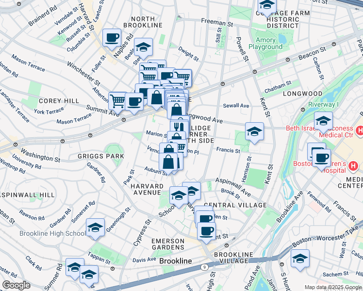 map of restaurants, bars, coffee shops, grocery stores, and more near 181 Harvard Street in Brookline