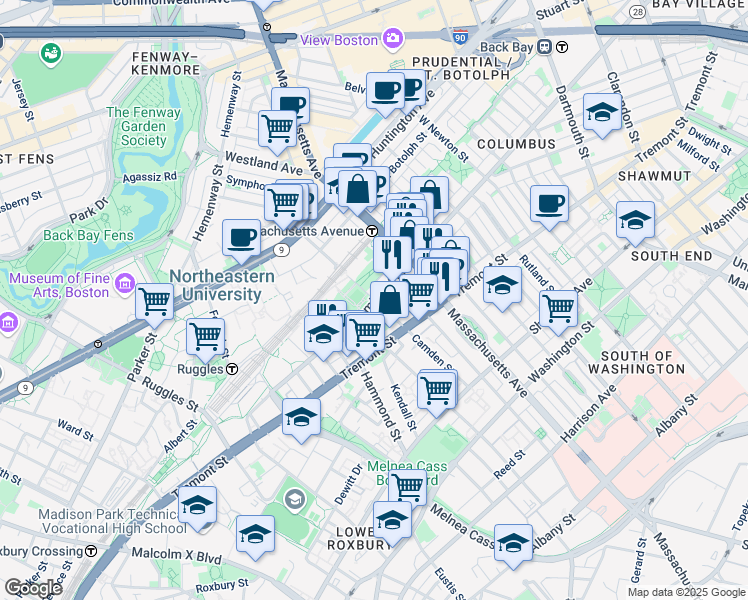 map of restaurants, bars, coffee shops, grocery stores, and more near Columbus Ave & Camden St in Boston