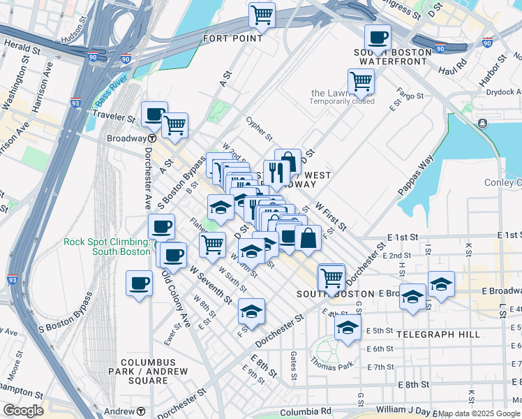 map of restaurants, bars, coffee shops, grocery stores, and more near 272 D Street in Boston