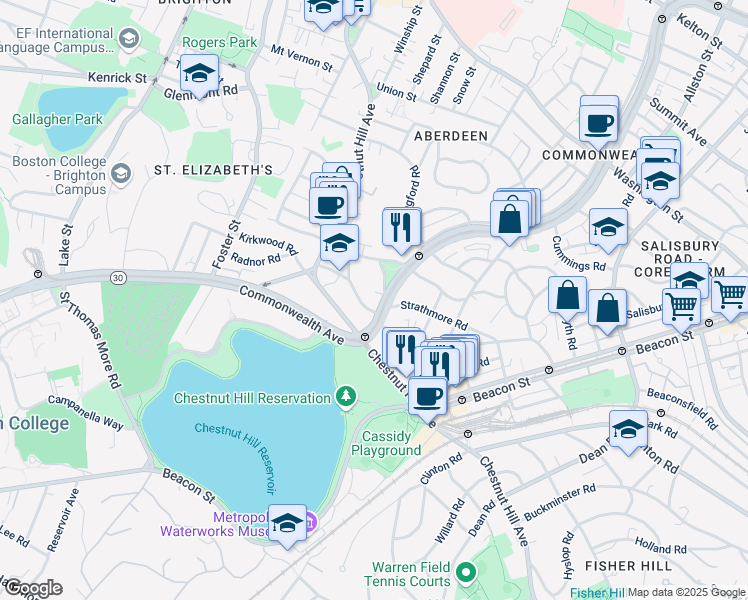 map of restaurants, bars, coffee shops, grocery stores, and more near 1848 Commonwealth Avenue in Boston