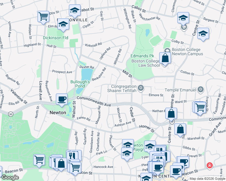 map of restaurants, bars, coffee shops, grocery stores, and more near 20 Morton Rd in Newton