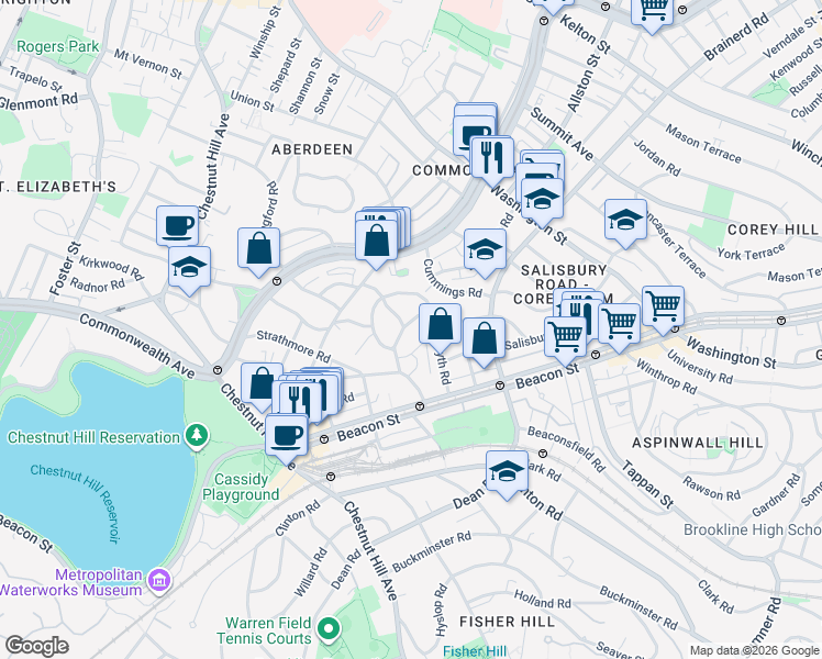 map of restaurants, bars, coffee shops, grocery stores, and more near 38 Kilsyth Road in Brookline