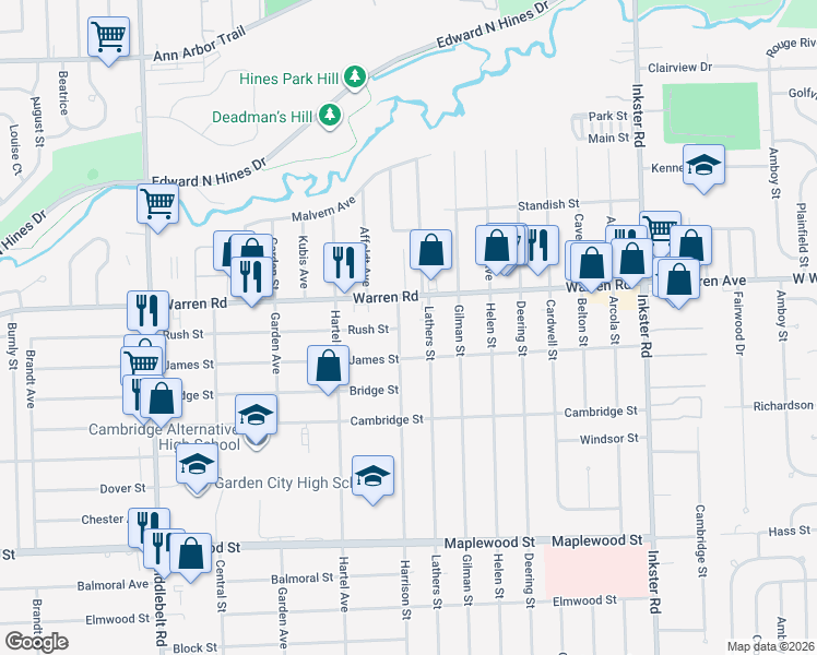 map of restaurants, bars, coffee shops, grocery stores, and more near 7051 Harrison Street in Garden City