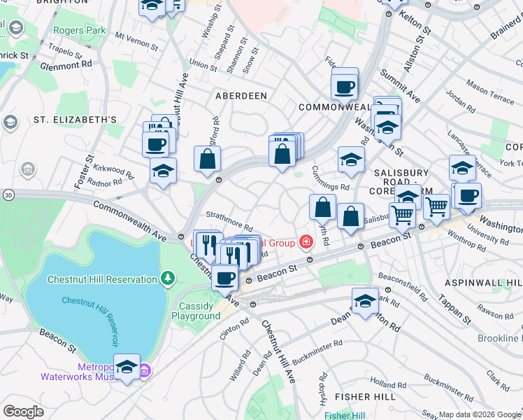 map of restaurants, bars, coffee shops, grocery stores, and more near 9 Kilsyth Terrace in Boston
