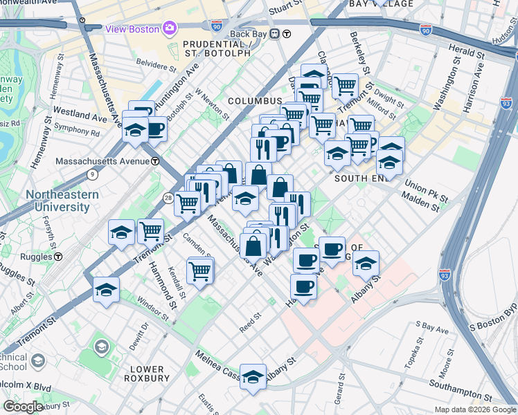 map of restaurants, bars, coffee shops, grocery stores, and more near 59 Worcester Street in Boston