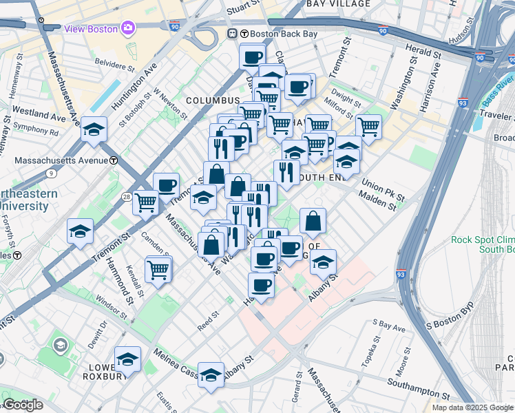 map of restaurants, bars, coffee shops, grocery stores, and more near 44 West Newton Street in Boston