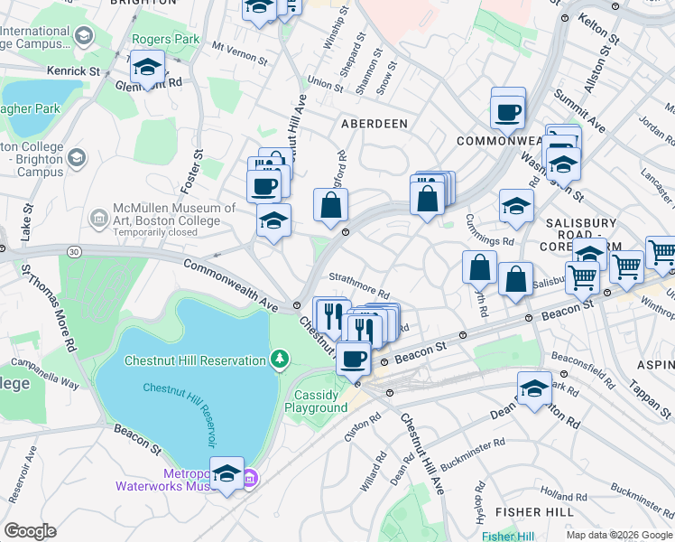 map of restaurants, bars, coffee shops, grocery stores, and more near 104 Strathmore Road in Boston