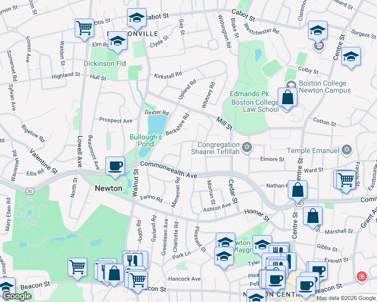 map of restaurants, bars, coffee shops, grocery stores, and more near 20 Morton Road in Newton