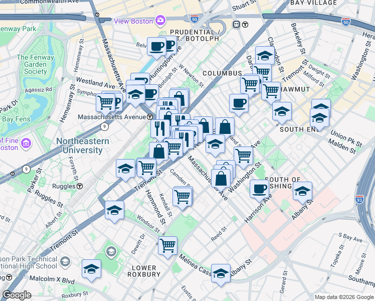 map of restaurants, bars, coffee shops, grocery stores, and more near 782-A-C Tremont Street in Boston