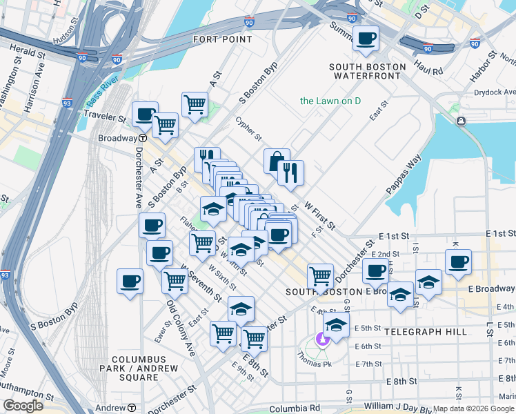 map of restaurants, bars, coffee shops, grocery stores, and more near in Boston