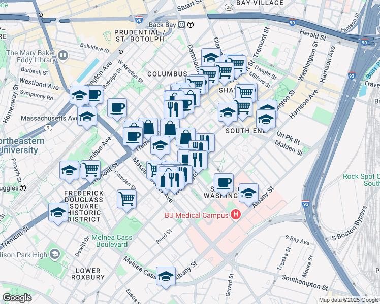 map of restaurants, bars, coffee shops, grocery stores, and more near 97 West Concord Street in Boston