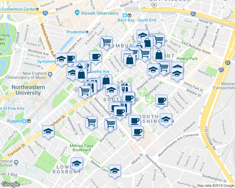 map of restaurants, bars, coffee shops, grocery stores, and more near 59 Worcester Street in Boston