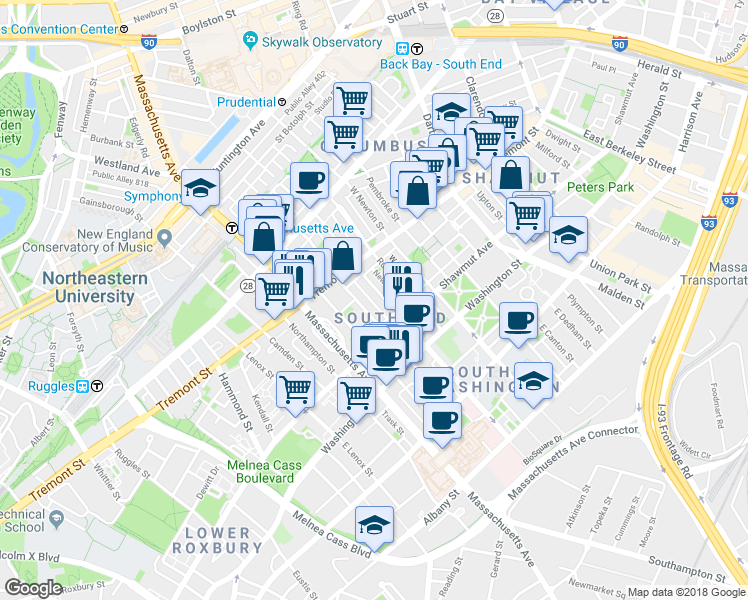 map of restaurants, bars, coffee shops, grocery stores, and more near 57 Worcester Street in Boston