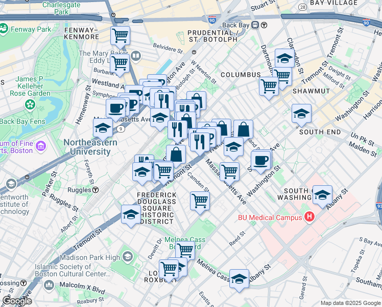 map of restaurants, bars, coffee shops, grocery stores, and more near 268-272 Northampton Street in Boston