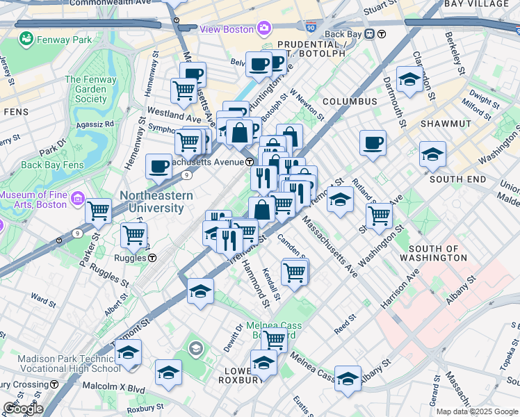 map of restaurants, bars, coffee shops, grocery stores, and more near in Boston