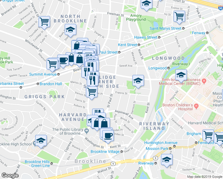 map of restaurants, bars, coffee shops, grocery stores, and more near 65 Saint Paul Street in Brookline