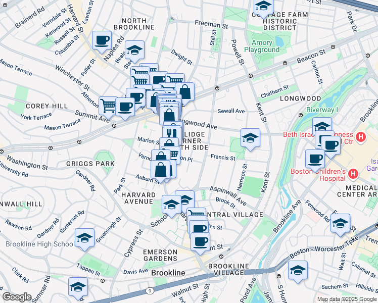 map of restaurants, bars, coffee shops, grocery stores, and more near 36 Alton Place in Brookline