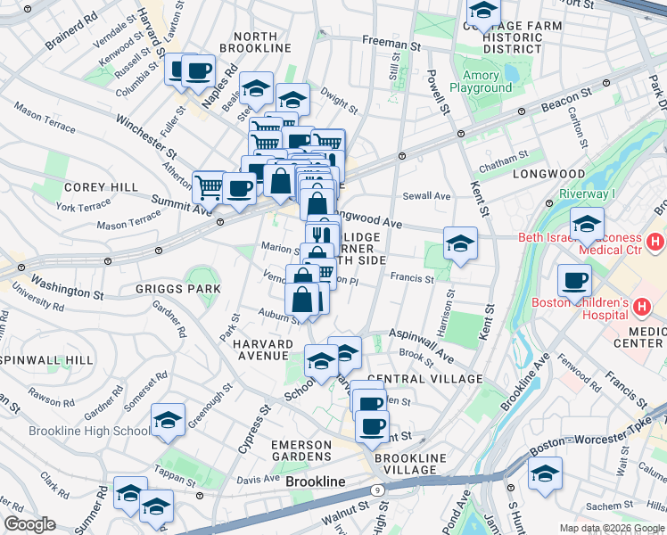 map of restaurants, bars, coffee shops, grocery stores, and more near 181 Harvard Street in Brookline