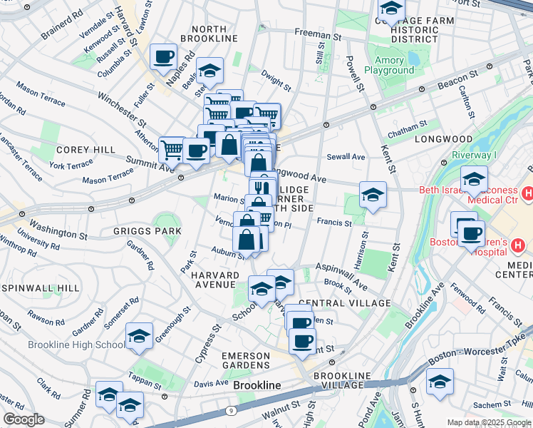 map of restaurants, bars, coffee shops, grocery stores, and more near 181 Harvard Street in Brookline