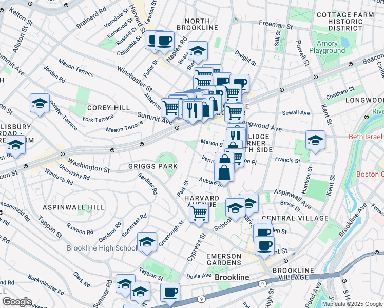 map of restaurants, bars, coffee shops, grocery stores, and more near 54 Vernon Street in Brookline