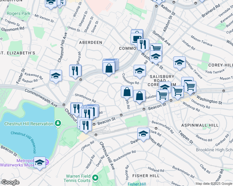 map of restaurants, bars, coffee shops, grocery stores, and more near 16 Lanark Road in Boston