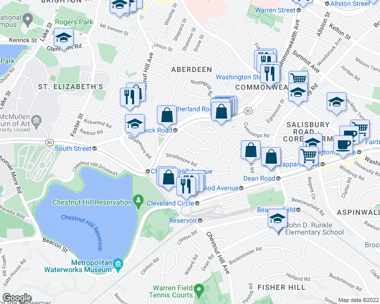 map of restaurants, bars, coffee shops, grocery stores, and more near 56 Selkirk Road in Boston