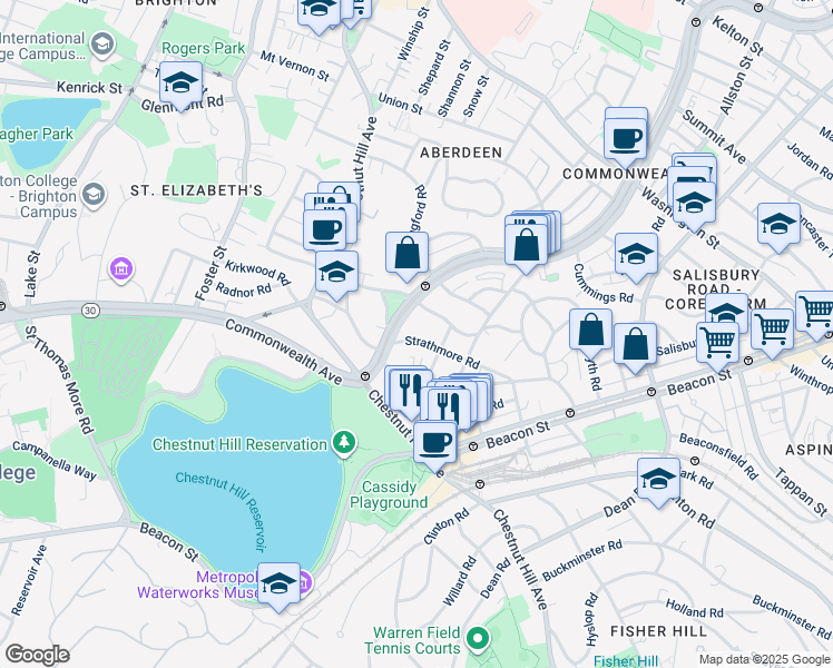 map of restaurants, bars, coffee shops, grocery stores, and more near 104 Strathmore Road in Boston
