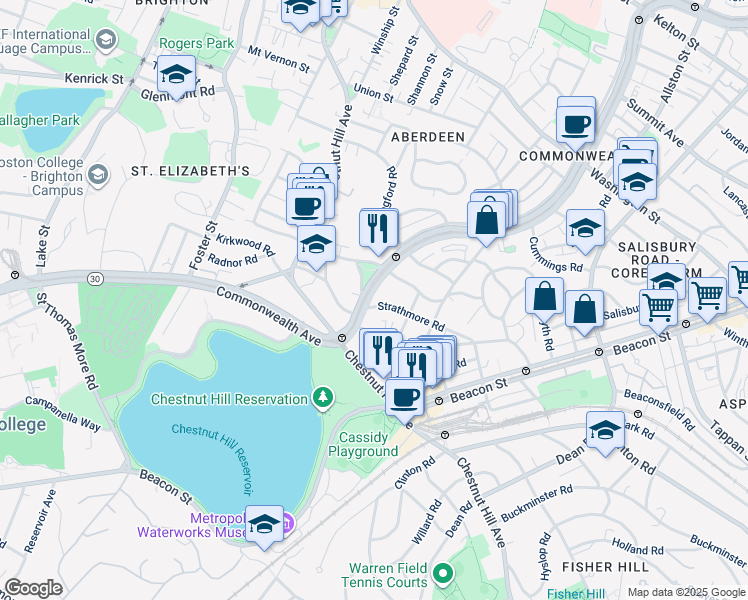 map of restaurants, bars, coffee shops, grocery stores, and more near 1848 Commonwealth Avenue in Boston