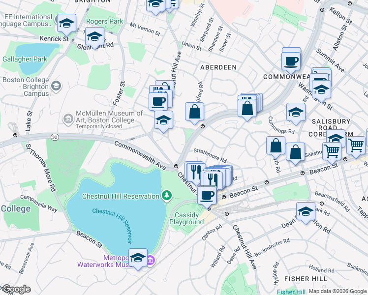 map of restaurants, bars, coffee shops, grocery stores, and more near 1848 Commonwealth Avenue in Boston