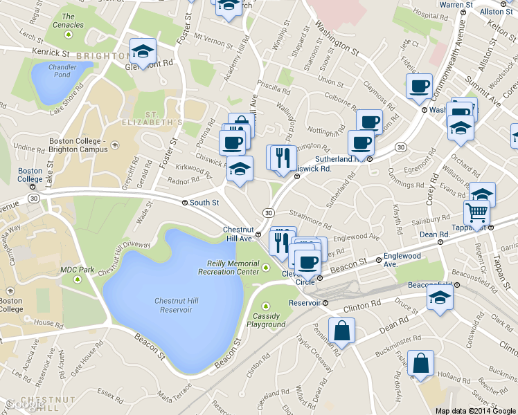map of restaurants, bars, coffee shops, grocery stores, and more near 1848 Commonwealth Avenue in Boston