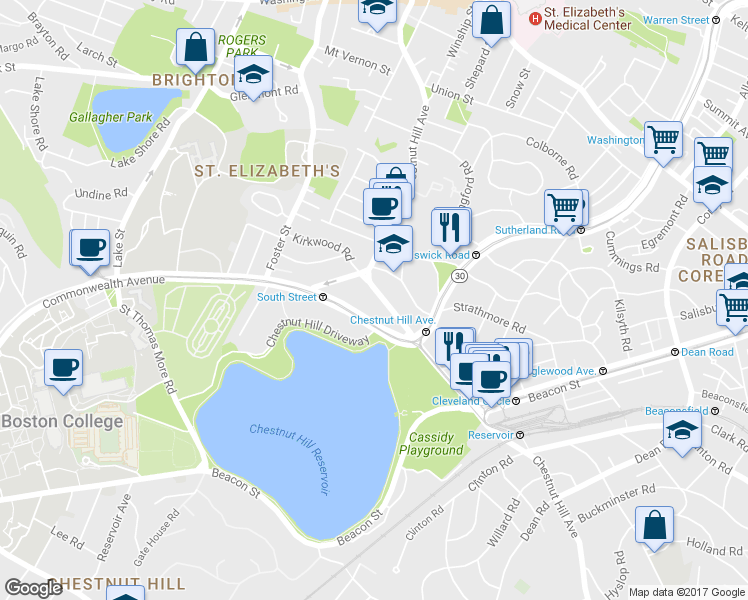 map of restaurants, bars, coffee shops, grocery stores, and more near 1931 Commonwealth Avenue in Boston
