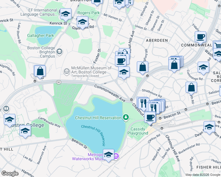 map of restaurants, bars, coffee shops, grocery stores, and more near 1931 Commonwealth Avenue in Boston