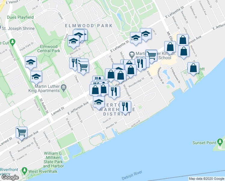map of restaurants, bars, coffee shops, grocery stores, and more near 2902 Woodbridge Street in Detroit