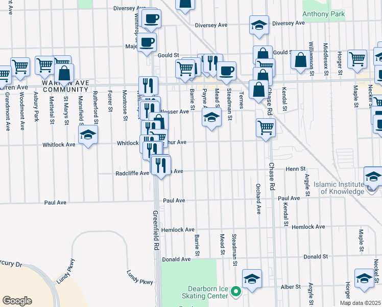 map of restaurants, bars, coffee shops, grocery stores, and more near 6547 Barrie Street in Dearborn