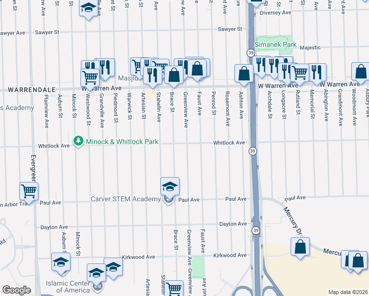 map of restaurants, bars, coffee shops, grocery stores, and more near 6506 Greenview Avenue in Detroit