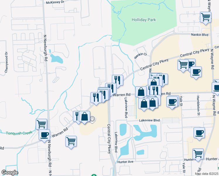 map of restaurants, bars, coffee shops, grocery stores, and more near 7538 Manor Circle in Westland