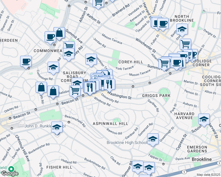 map of restaurants, bars, coffee shops, grocery stores, and more near Beacon St & Westbourne Terrace in Brookline