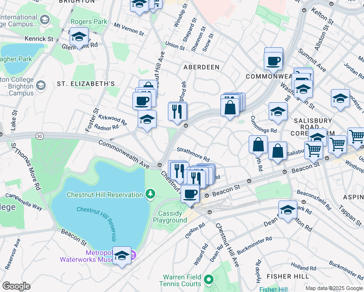 map of restaurants, bars, coffee shops, grocery stores, and more near 104 Strathmore Road in Boston