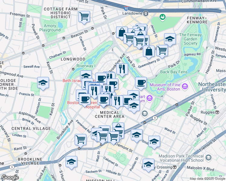 map of restaurants, bars, coffee shops, grocery stores, and more near 3 Blackfan Street in Boston