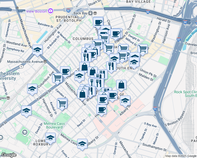 map of restaurants, bars, coffee shops, grocery stores, and more near 46 West Newton Street in Boston