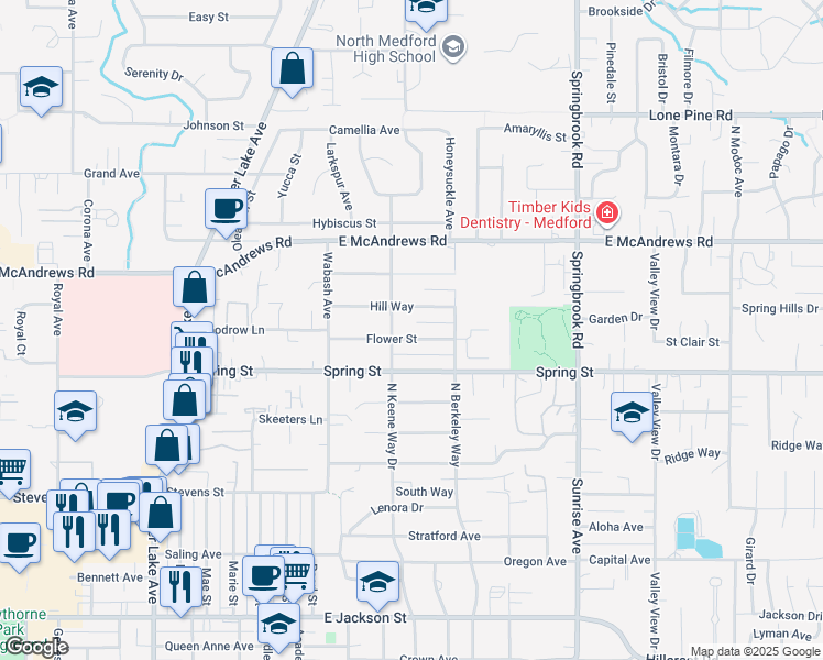 map of restaurants, bars, coffee shops, grocery stores, and more near 1456 Flower Street in Medford