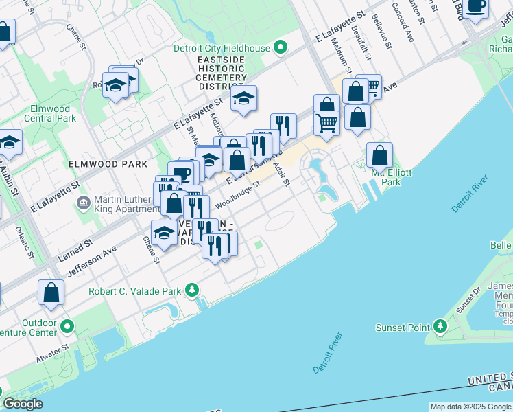 map of restaurants, bars, coffee shops, grocery stores, and more near 260 McDougall Street in Detroit