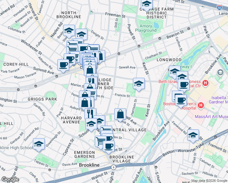 map of restaurants, bars, coffee shops, grocery stores, and more near 81 Saint Paul Street in Brookline