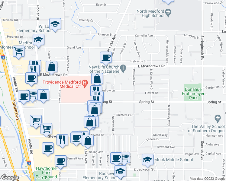 map of restaurants, bars, coffee shops, grocery stores, and more near 1121 Woodrow Lane in Medford