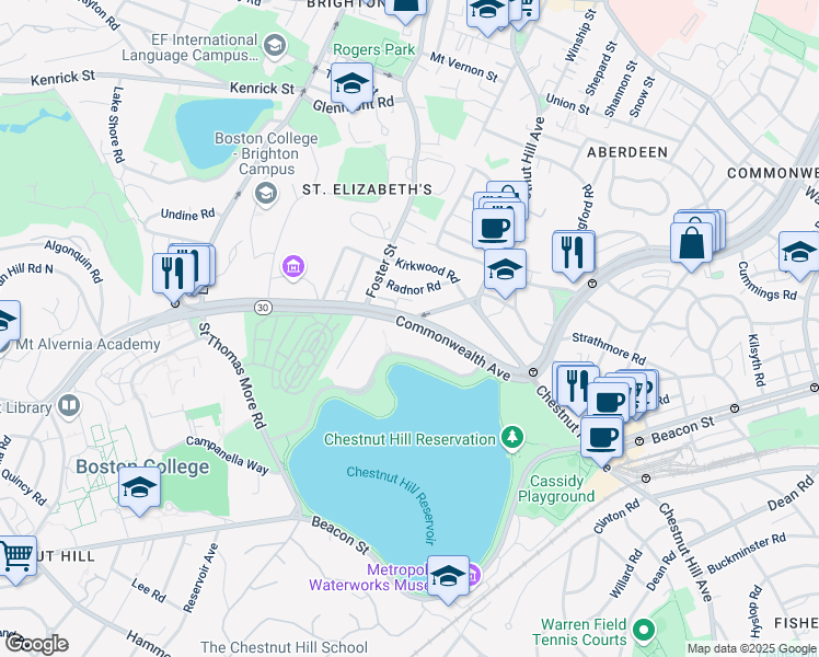 map of restaurants, bars, coffee shops, grocery stores, and more near 1992 Commonwealth Avenue in Boston