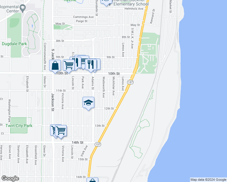 map of restaurants, bars, coffee shops, grocery stores, and more near McAlister Avenue in North Chicago