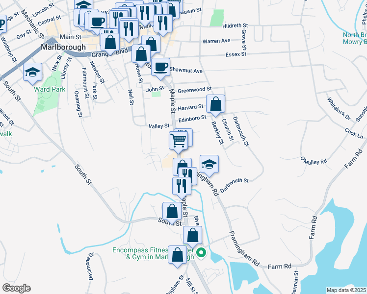 map of restaurants, bars, coffee shops, grocery stores, and more near 241 Maple Street in Marlborough