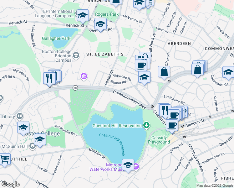 map of restaurants, bars, coffee shops, grocery stores, and more near 1992 Commonwealth Avenue in Boston
