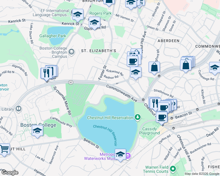 map of restaurants, bars, coffee shops, grocery stores, and more near 1992 Commonwealth Avenue in Boston