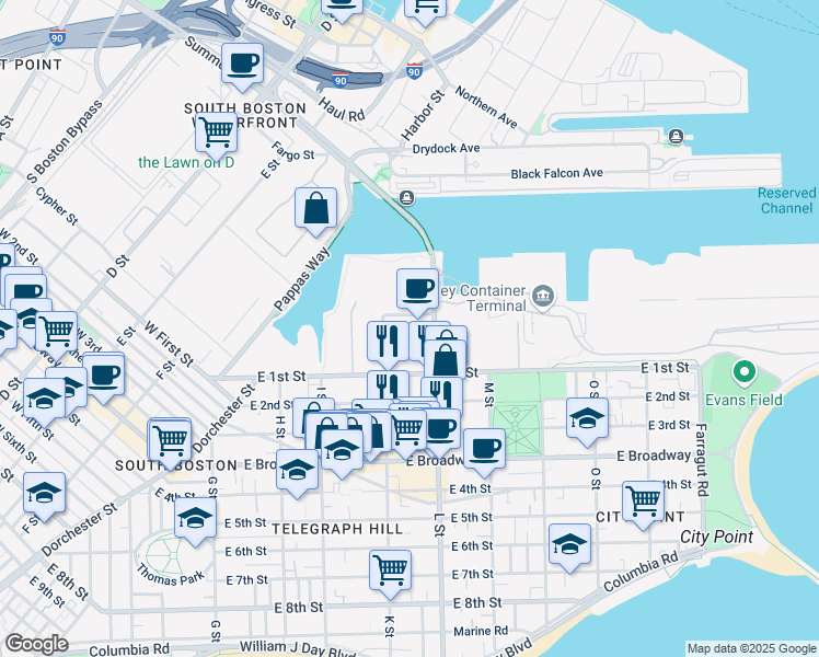 map of restaurants, bars, coffee shops, grocery stores, and more near 564-574 East 1st Street in Boston